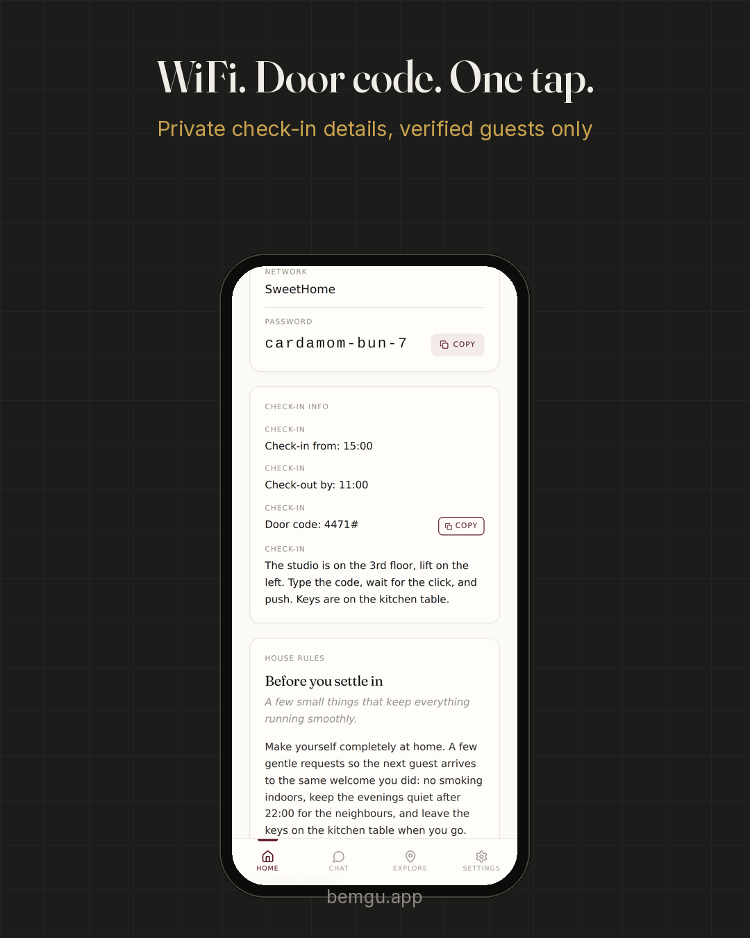 A phone showing the WiFi network and password with a copy button, check-in and check-out times, the door code and written entry steps.