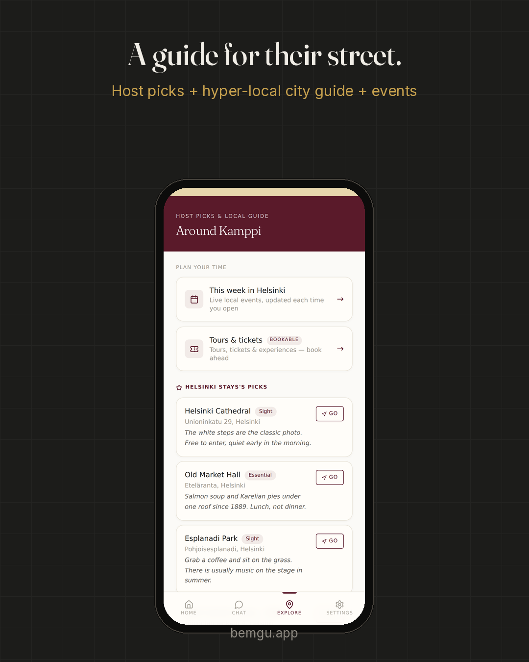A phone showing the Explore tab: this week's local events, bookable tours and tickets, and the host's own picks with a line of advice on each.